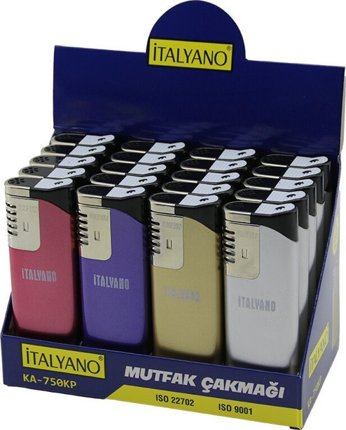 KA-750-KP Ocak Mutfak Çakmak Dev Boy 3.7x11.2cm Rüzgar Fenerli Izgaralı Metalik Renkler - 20'li Paket