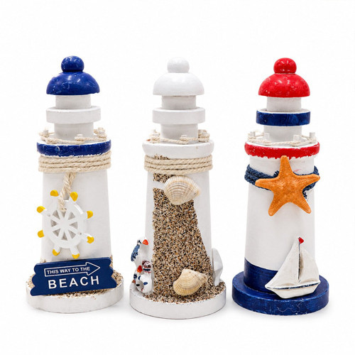 İ12-242 Masaüstü Dekoratif Deniz Feneri Süs Eşyası Çap : 6cm Uzunluk : 15cm Küçük Ahşap - 6'li Paket