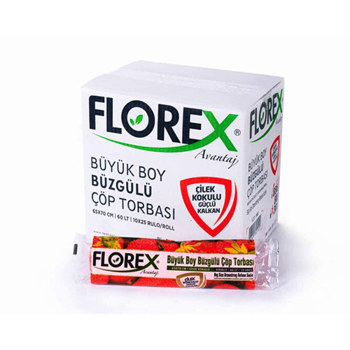 FLOREX-502 65x70cm Çöp Torbası 10 Adet Büyük Büzgülü Çilek Kokulu - 25'li Paket