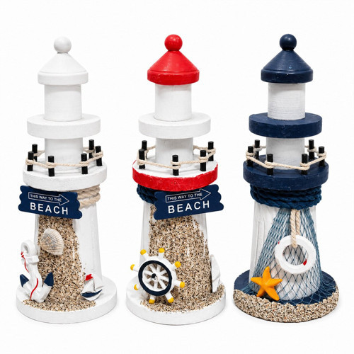 İ12-241 Masaüstü Dekoratif Deniz Feneri Süs Eşyası Çap : 7.5cm Uzunluk : 19cm Orta Ahşap - 6'li Paket