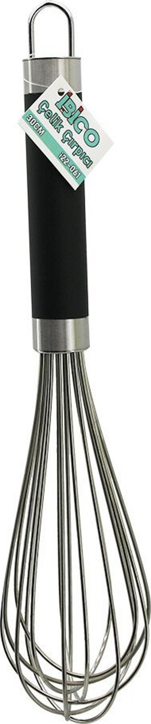 İ22-061 Metal Çırpıcı 30cm Çırpıcı: 17cm + Sap: 13cm Kalın Siyah Silikon Kaplı Krom Sap Lüx - 12'li Paket