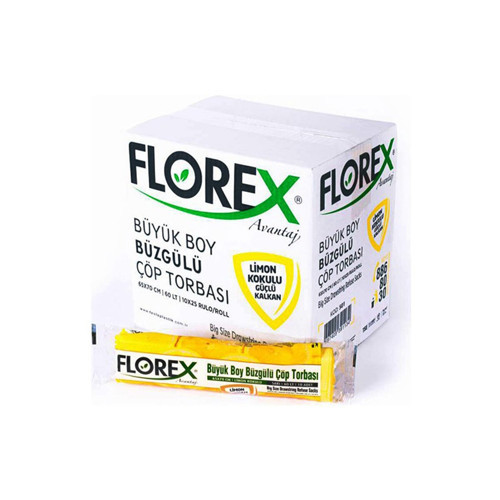 FLOREX-501 Avantaj 65x70cm Çöp Torbası 10 Adet Büyük Büzgülü Limon Kokulu - 25'li Paket