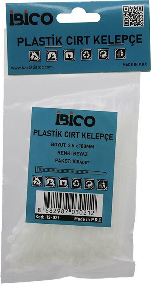 İ13-021 Cırt Kelepçe 2.5x100mm 100 Adet Beyaz Plastik Kablo Bağı - 10'li Paket