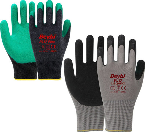 Beybi PL-17 Flex NO-10XL İşçi Eldiveni Siyah Yeşil Ant.Gri Tırtıklı - 12'li Paket