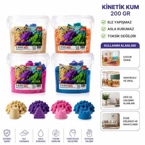 AX-827 Kinetik Kum Renkli 200gr 2 Adet Plastik Kalıp Kurmaz Ele Yapışmaz - 60'li Paket