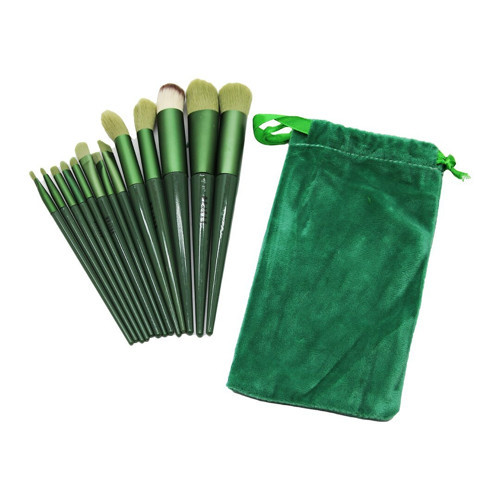 MJGN-61C Makyaj Fırça Seti 13 Adet Plastik Saplı Yeşil Kadife Torbalı - 10'li Paket