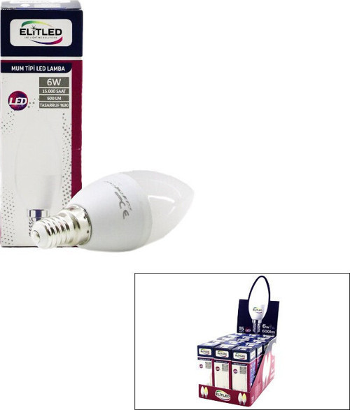 EL-08-Y1 LED Ampul Lamba 6W 43W 6500K 600 Lümen 15.000 Saat Ömür E14 Beyaz Mum Tipi - 15'li Paket