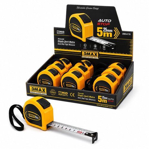 Dmax DMX-4778 Çelik Şerit Metre 5mt X 25mm Stoplu Otomatik - 12'li Paket