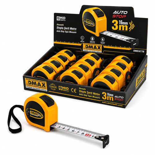 Dmax DMX-4776 Çelik Şerit Metre 3mt X 16mm Stoplu Otomatik - 12'li Paket