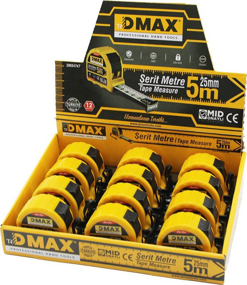 Dmax DMX-4747 Çelik Şerit Metre 5mt X 25mm Stoplu Çek Sarsın Otomatik Kilit Bas Durdur - 12'li Paket