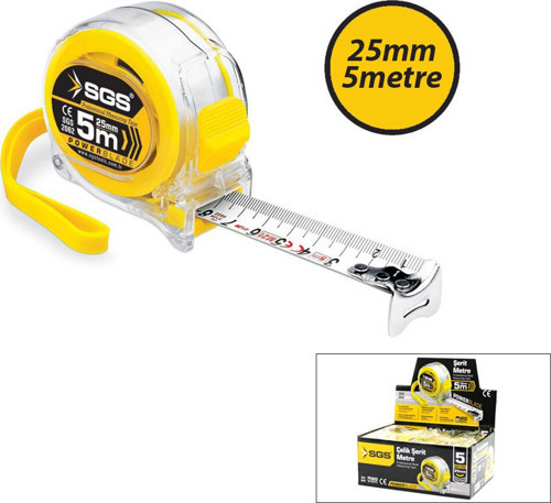 SGS-2062 Şerit Metre 5mt X 25mt Şeffaf Stoplu - 12'li Paket
