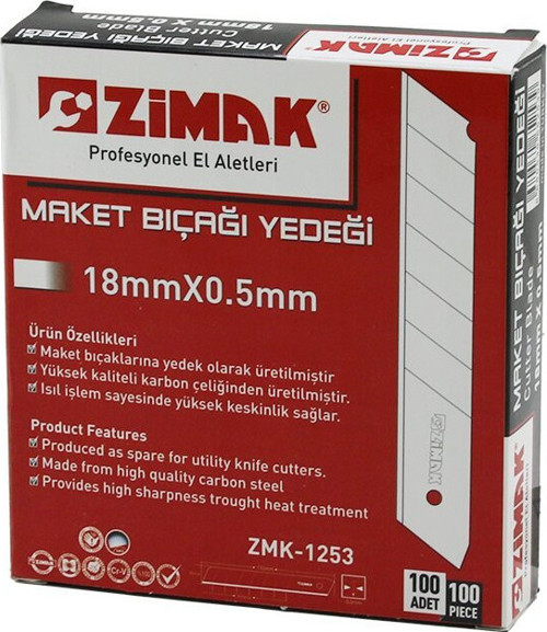 Zimak ZMK-1253 Falçata Maket Bıçak Ağzı 18MMX0.5mm 10 Adet Büyük Yedek - 10'li Paket