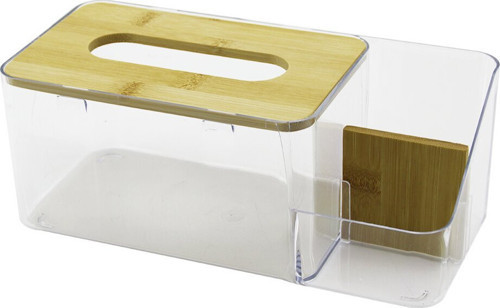 UR-3467 Peçetelik ve Organizer 11x24.5cm 2+1 Bölmeli Bambu Kapaklı Mika Kristal Plastik - 24'li Paket