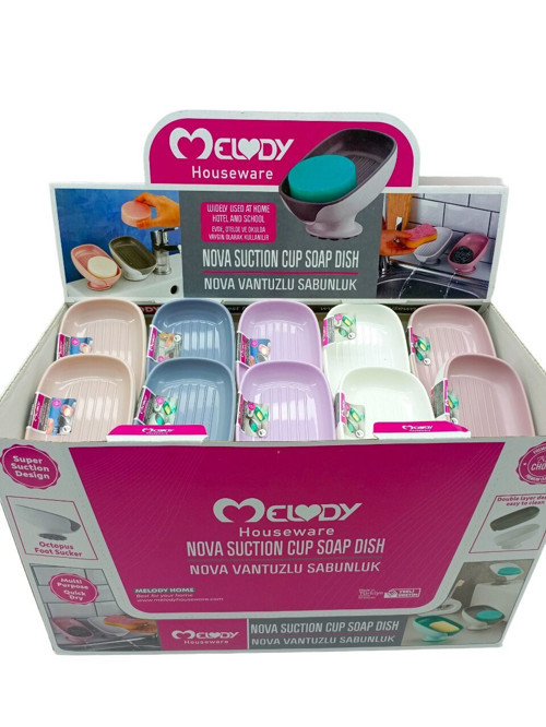 Melody M-087 Nova Sabunluk ve Süngerlik Vantuzlu Renkli Plastik Eğimli Duruş Ayaklı - 30'li Paket