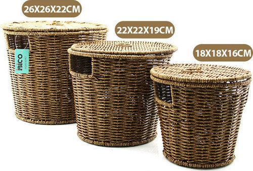 İ22-337 Pls.Hasır Organizer Sepet 22x22x18cm 3 Adet Kapaklı Yuvarlak Metal İskele - 12'li Paket