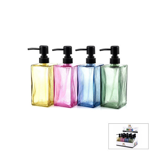 ALV-08 Alvetro ALV-04 Sıvı Sabunluk 410ml Kare Cam Renkli Şeffaf Şişe - Buzlu Çizgili Desen - 12'li Paket