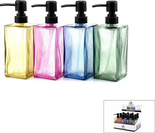 ALV-08 ALV-04 Sıvı Sabunluk 410ml Kare Cam Renkli Şeffaf Şişe - Buzlu Çizgili Desen - 12'li Paket