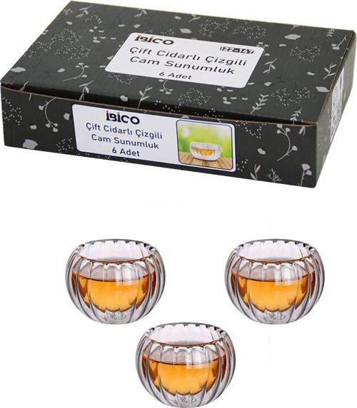 İ22-147 Sosluk ve Lokumluk 50 ml 6 Adet Çizgili Cam Çift Cidarlı - 30'li Paket
