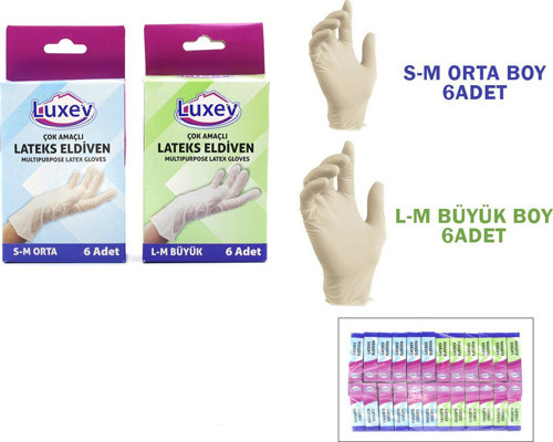 Luxev Latex Muayene Eldiveni 6 Adet Lateks M-L Beden S-M - 24'li Paket