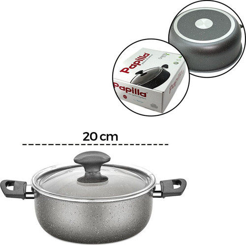 Fred 20 cm BRKT-705656 Derin Casserole Cam Kapak Gri Kırçıllı Granit Tencere - 6'li Paket