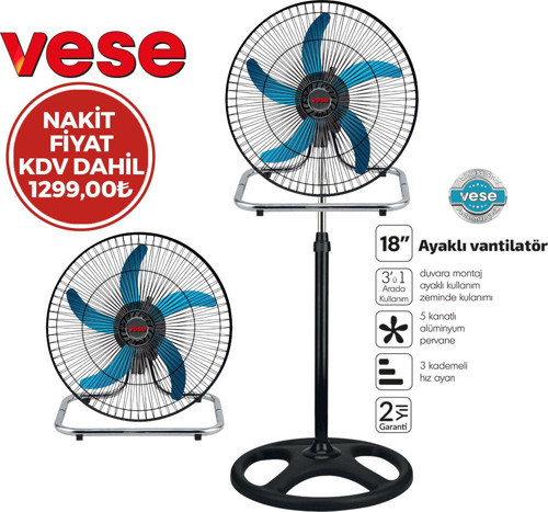 Vese VNT-003 Tipi Ayaklı Vantilatör Fan 46cm 80W 18" İNÇ 3 Kademe Hız 5 Metal Kanat Sanayi - 3'li Paket