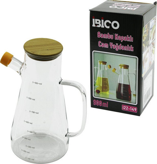 İ22-149 Yağdanlık 900ml Ölçekli Cam Kulplu Bambu Kapaklı - 24'li Paket