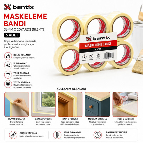 Maskeleme Bant 36mm X 20YARDS 18.3mt Bandı - 6'li Paket