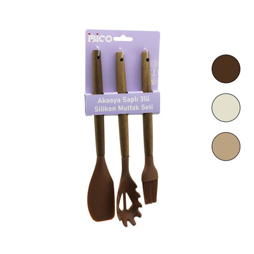 İ22-011 Mutfak Seti 27-30cm 3 Adet Spatula Makarna Kaşık Renkli Silikon Yumurta Fırçası - 12'li Paket