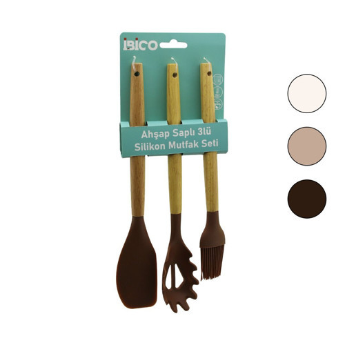 İ22-007 Mutfak Seti 27-30-31cm 3 Adet Spatula Y.Fırçası Ahşap Saplı Renkli Silikon - 12'li Paket
