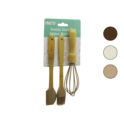İ22-026 Silikon Mutfak Seti 3 Adet Mini Ahşap Çırpıcı Spatula Bambu Saplı Yumurta Fırçası - 12'li Paket