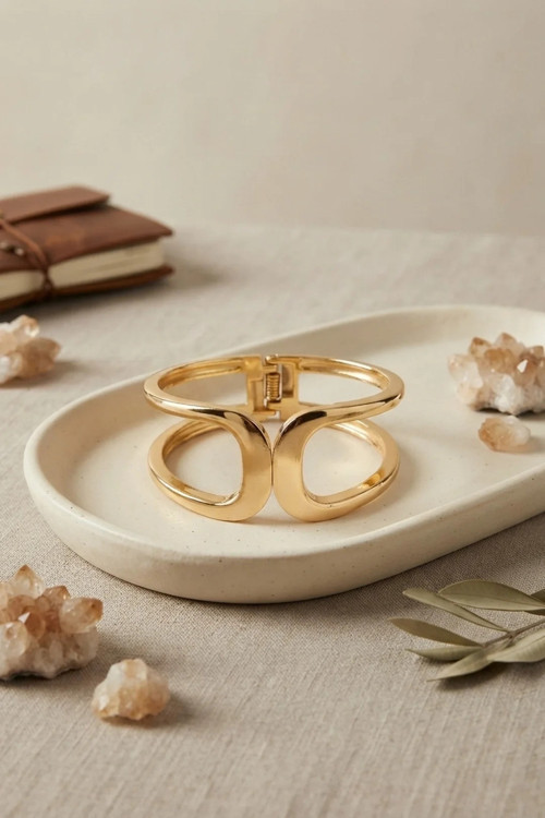Gold Renk Pirinç Manşet Model Vintage Kelepçe Bilezik