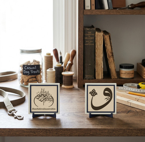 Geleneksel Hat İşlemeli “Vav” Harfi Formu Ve Özel Deri Bismillahirrahmanirrahîm İkili Masa Süsü 10X10 Cm, Pudra - Pudra