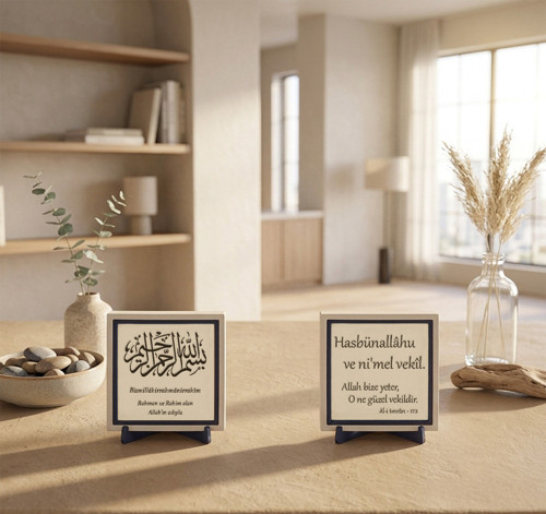 Deri Fon Üzerine İşlenmiş “Hasbünallâhü Ve Ni'Mel Vekîl” İfadesi Ve Rahman Ve Rahim Olan Allah'In Adıyla İkili Obje 10X10 Cm, Pudra - Pudra