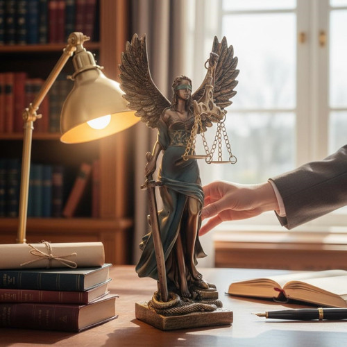 Dekoratif Kanatlı Adalet Heykeli – Terazi ve Kılıç Detaylı Dekoratif Biblo 24cm