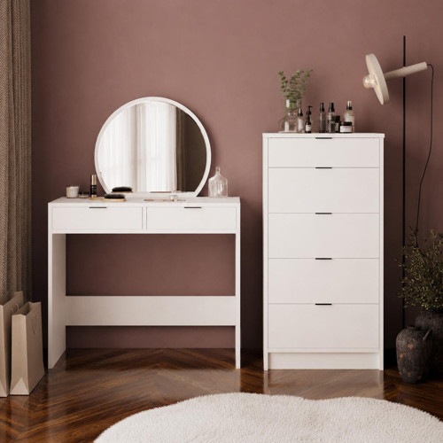 T2070 Geniş Dolaplı Flora Makyaj Masası Seti Beyaz - Oval Aynalı ve Geniş 5 Çekmeceli
