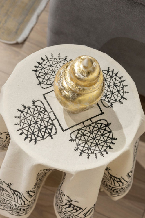 Etnik Desenli El Baskılı Keten Ve Pamuk Fiskos Örtüsü