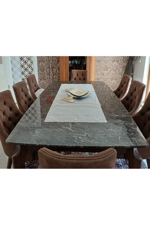 Pekset Tohum İşi Salon Örtü Takımı %50 Ödemiş İpeği %50 Keten İnci Beyazı El İşlemeli Çiçek Desenli