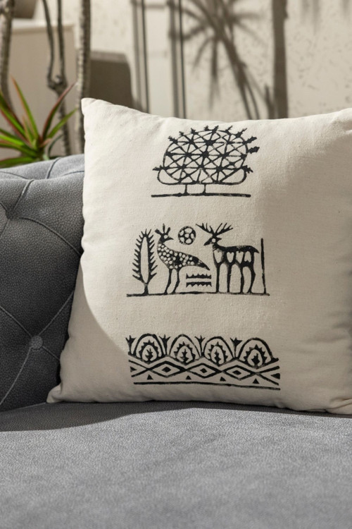 Hitit Desen El Baskısı Kırlent Kılıfı 2 Li Set 45X45 Cm %100 Organik Hambez Kumaş