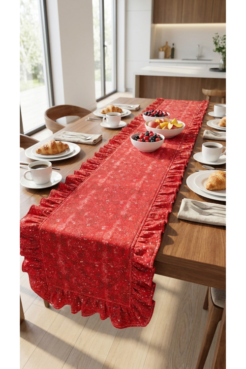 %100 Pamuk Kırmızı Fırfırlı Özel Desenli Runner 40X130