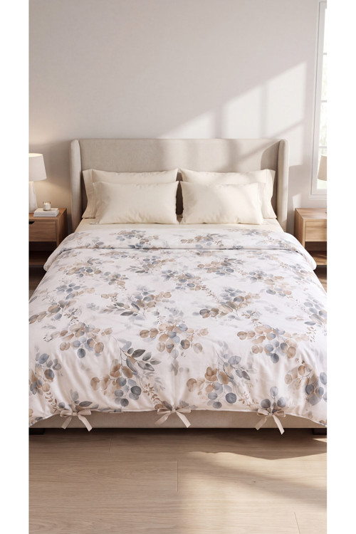 Çift Kişilik %100 Pamuk Okaliptüs Desenli Nevresim Kılıfı 220X200 Cm | Bağcıklı Yorgan Kılıfı
