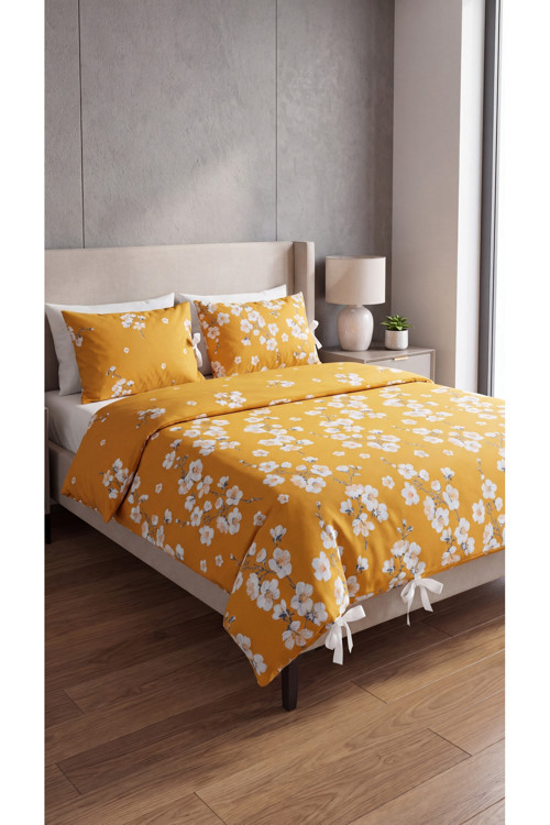 %100 Pamuk Çift Kişilik Çiçekli Bağcıklı Nevresim Seti 220X200 Cm – 2 Desenli + 2 Düz Beyaz Yastık Kılıfı