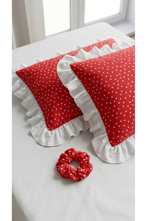 %100 Pamuklu Kalp Desenli Fırfırlı Yastık Kılıfı 2 Adet 50X70 Cm