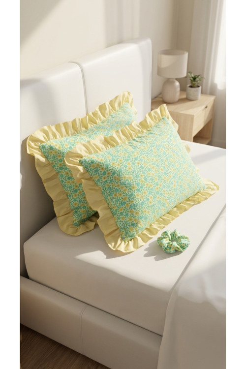 %100 Pamuklu Çiçek Desenli Fırfırlı Yastık Kılıfı 2 Adet 50X70 Cm