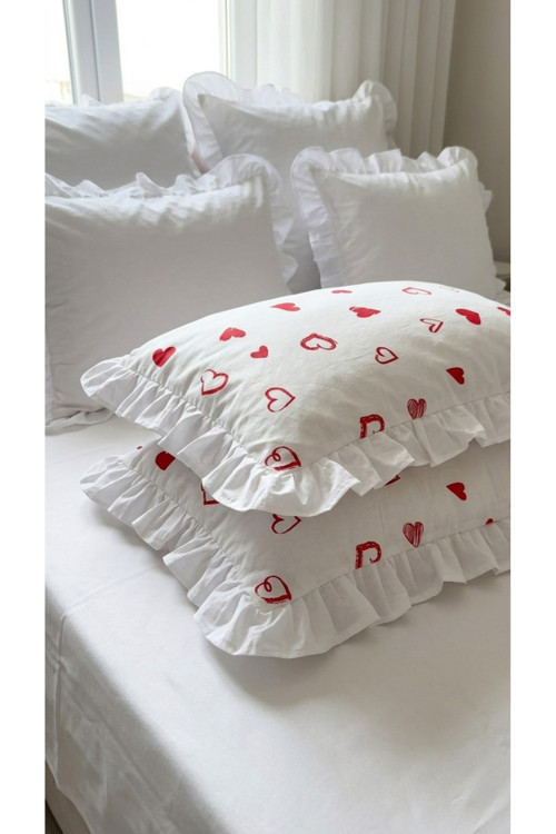 %100 Pamuklu Kalp Desenli Fırfırlı Yastık Kılıfı 2 Adet 50X70 Cm