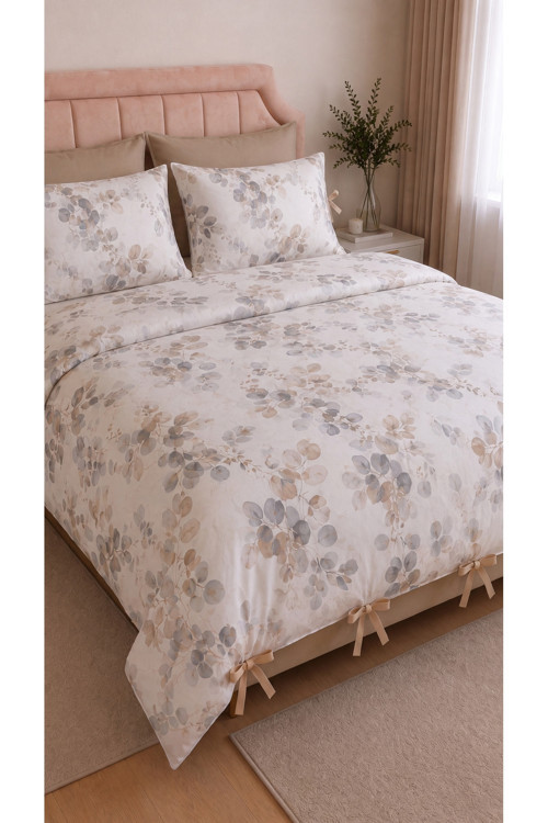%100 Pamuk Çift Kişilik Okaliptüs Desenli Nevresim Seti 220X200 Cm – Bağcıklı 2 Desenli + 2 Düz Beyaz Yastık Kılıfı