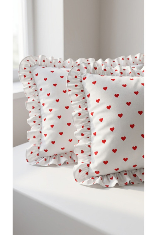 %100 Pamuklu Kalp Desenli Fırfırlı Yastık Kılıfı 2 Adet 50X70 Cm