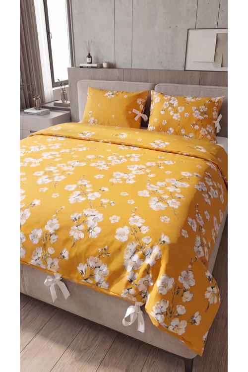 %100 Pamuk Çift Kişilik Çiçekli Bağcıklı Nevresim Seti 220X200 Cm – 2'Li Desenli Bağcıklı Yastık Kılıfı