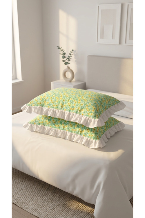 %100 Pamuklu Çiçek Desenli Fırfırlı Yastık Kılıfı 2 Adet 50X70 Cm