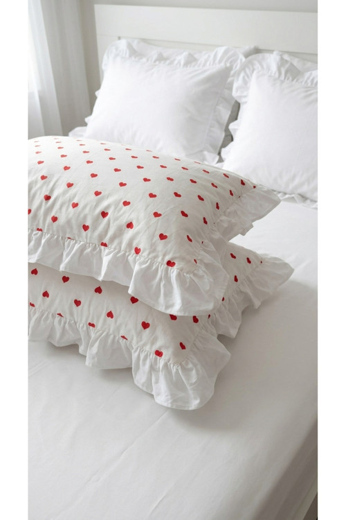 %100 Pamuklu Kalp Desenli Fırfırlı Yastık Kılıfı 2 Adet 50X70 Cm
