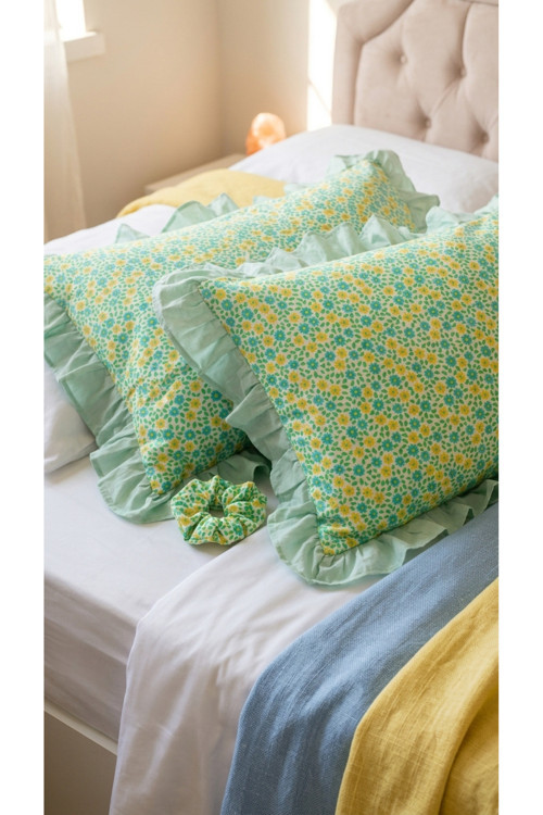 %100 Pamuklu Çiçek Desenli Fırfırlı Yastık Kılıfı 2 Adet 50X70 Cm